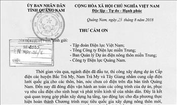 Chủ tịch UBND tỉnh Quảng Nam gửi Thư cảm ơn EVN và EVNCPC 